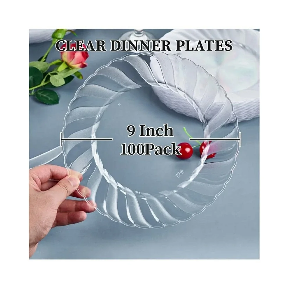 FOCUSLINE 100 Count Clear Plastic Plates 9 Inch, Disposable Heavy Duty Dinner...
